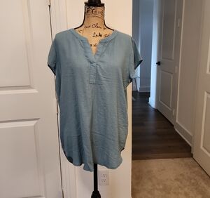 Jane and Delancey Dusty Blue Notch-Neck Short Sleeve Blouse